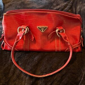 Prada Red Crocodile-Embossed Shoulder Bag